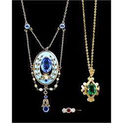 18ct gold three stone diamond and garnet ring, 9ct gold green paste stone set pendant necklace and a silver enamel and blue paste stone set necklace, all stamped