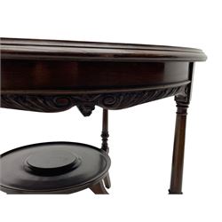 Early 20th century mahogany centre table, circular moulded top with satinwood band decorated with scrolling and interlaced foliate inlay, acanthus scroll carved skirt, on turned and carved supports with out splayed square feet, joined by circular dished under tier 