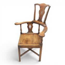 19th century elm high-backed corner chair, shaped cresting rail over three pierced vasiform splats and out-swept arms, square panelled seat over square supports united by X-stretcher