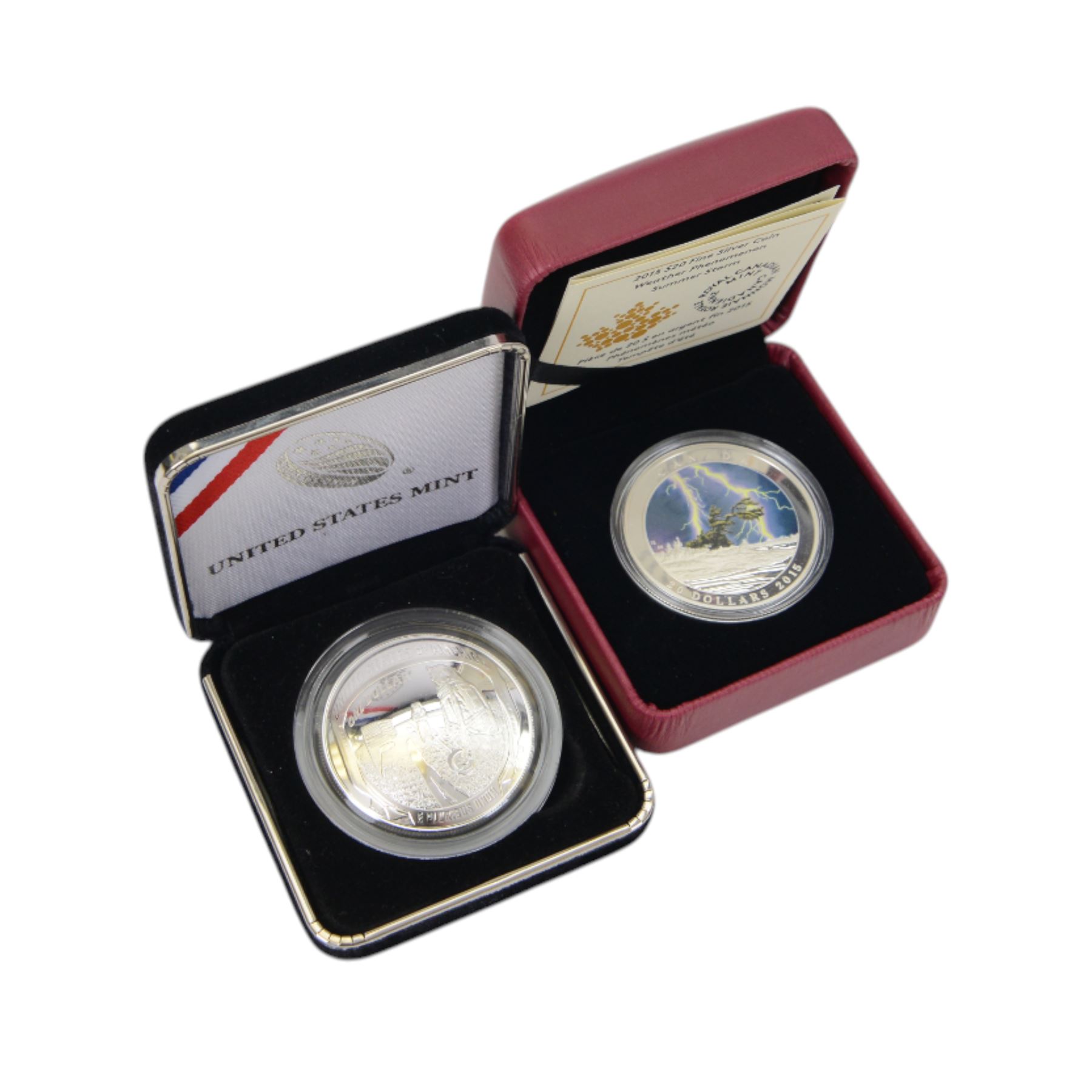 Great British and World silver coins, comprising King Charles III 2023 fine silver one ounce Britannia, Queen Elizabeth II Jersey 2015 'Churchill' silver proof five pound coin, three silver proof one pound coins, United States Mint 2019 'Apollo 11' silver proof one dollar coin, Royal Canadian Mint 2015 'Summer Storm' fine silver twenty dollar coin, Queen Victoria 1887 silver one crown coin, and London Mint 2005 'Prince of Wales and Duchess of Cornwall' prototype
