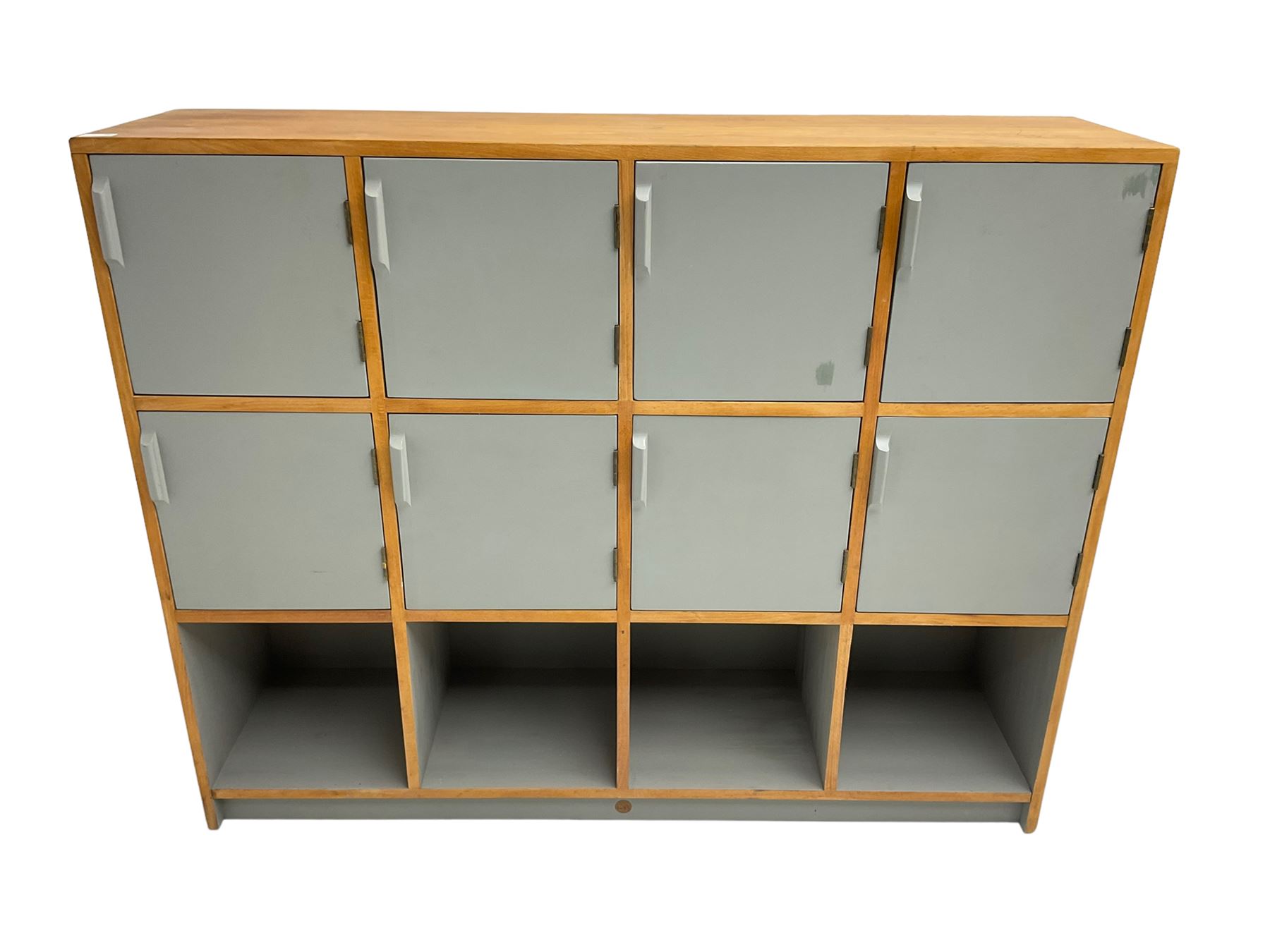 Esavian - mid-20th century school gym locker, fitted with eight cupboards and four open compartments