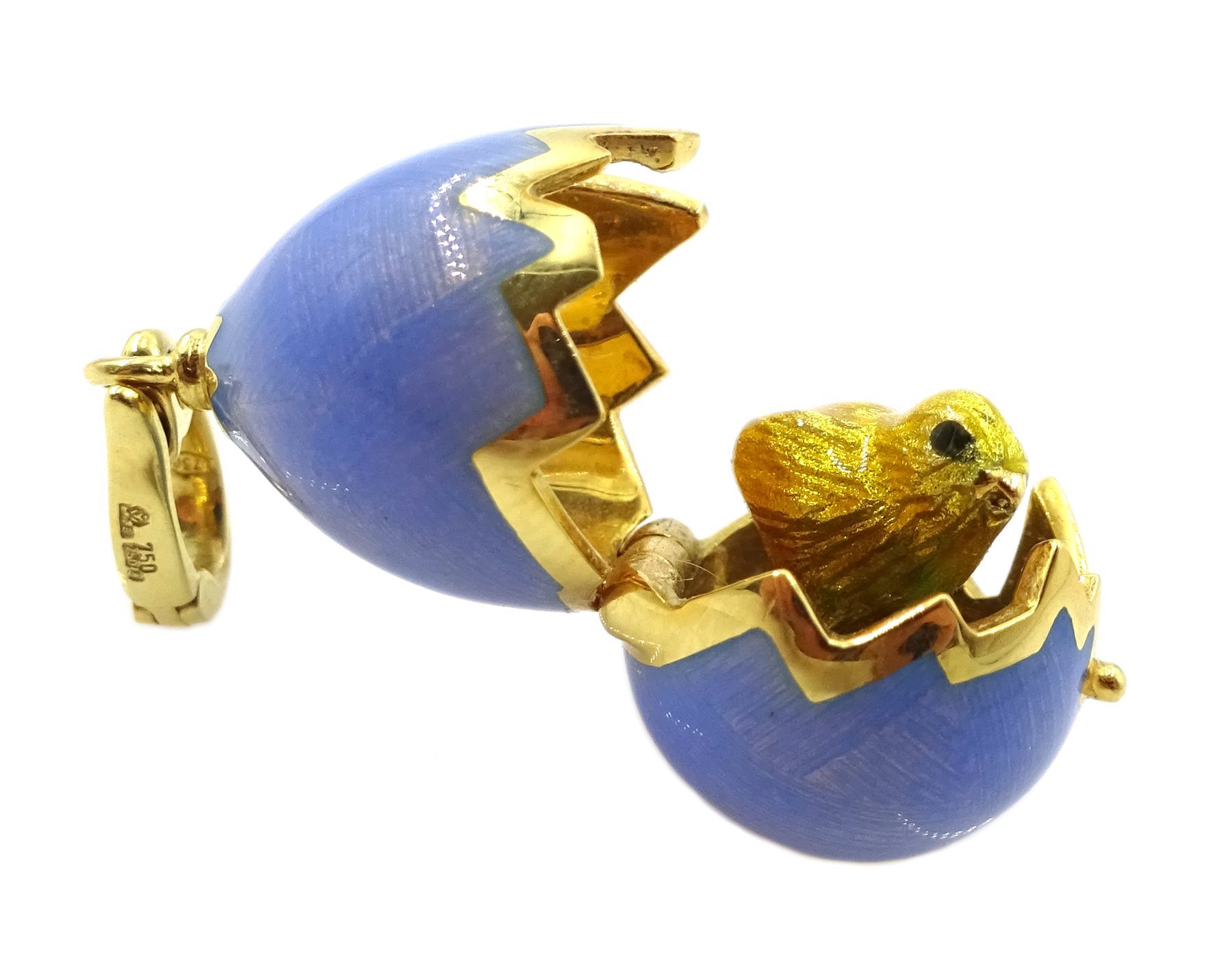 Victor Mayer for Faberge 18ct gold and blue guilloche enamel pendant, hinged lid revealing chick within, limited edition No.617/1000 reference No. F-1817 OB, stamped 750, boxed with certificate of authenticity 

[image code: 6mc]