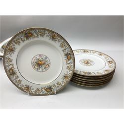 Noritake Ireland tea and dinner wears, comprising of teapot, milk jug, covered sucrier, seven teacups and saucers, seven dessert plates, six dinner plates, seven side plates, five bowls two serving dishes, one lidded tureen and a gravy boat and dish