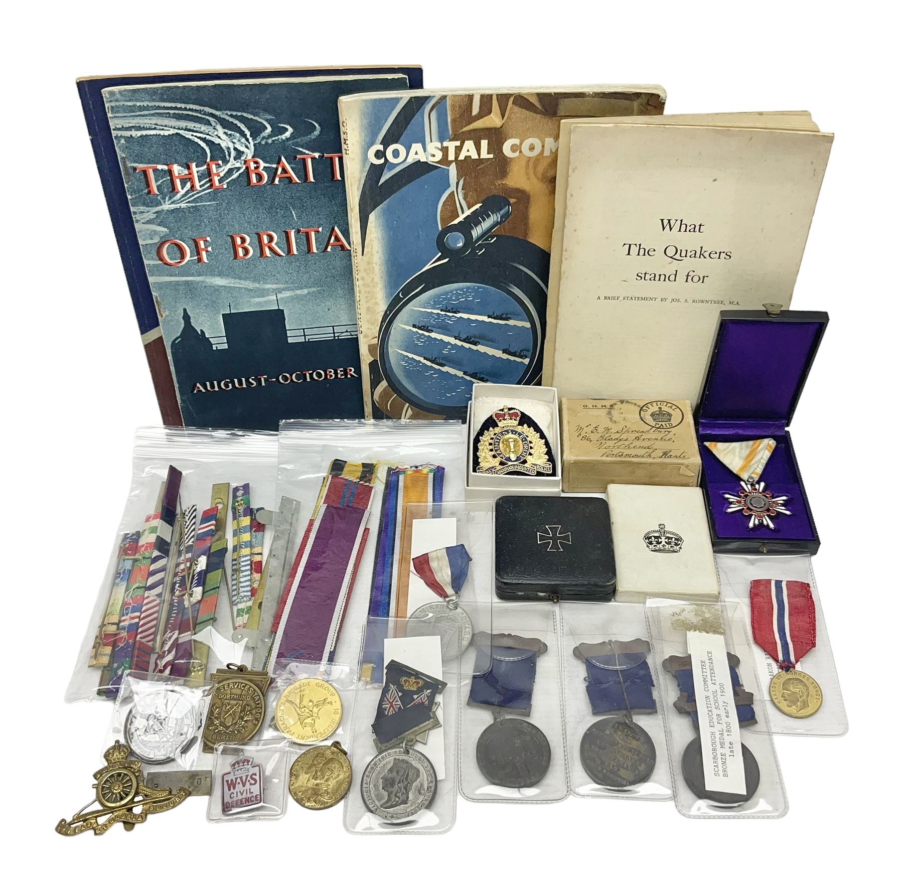 Japanese Order of the Sacred Treasure Medal (Zaihosho) in lacquered box; Norwegian Grunnlovsdag 1945 Medal with National Flag ribbon; three school attendance medals; four Royalty commemorative medals including both Victoria jubilees; quantity of medal ribbons and medal bars; medal issue boxes; badges; booklets etc