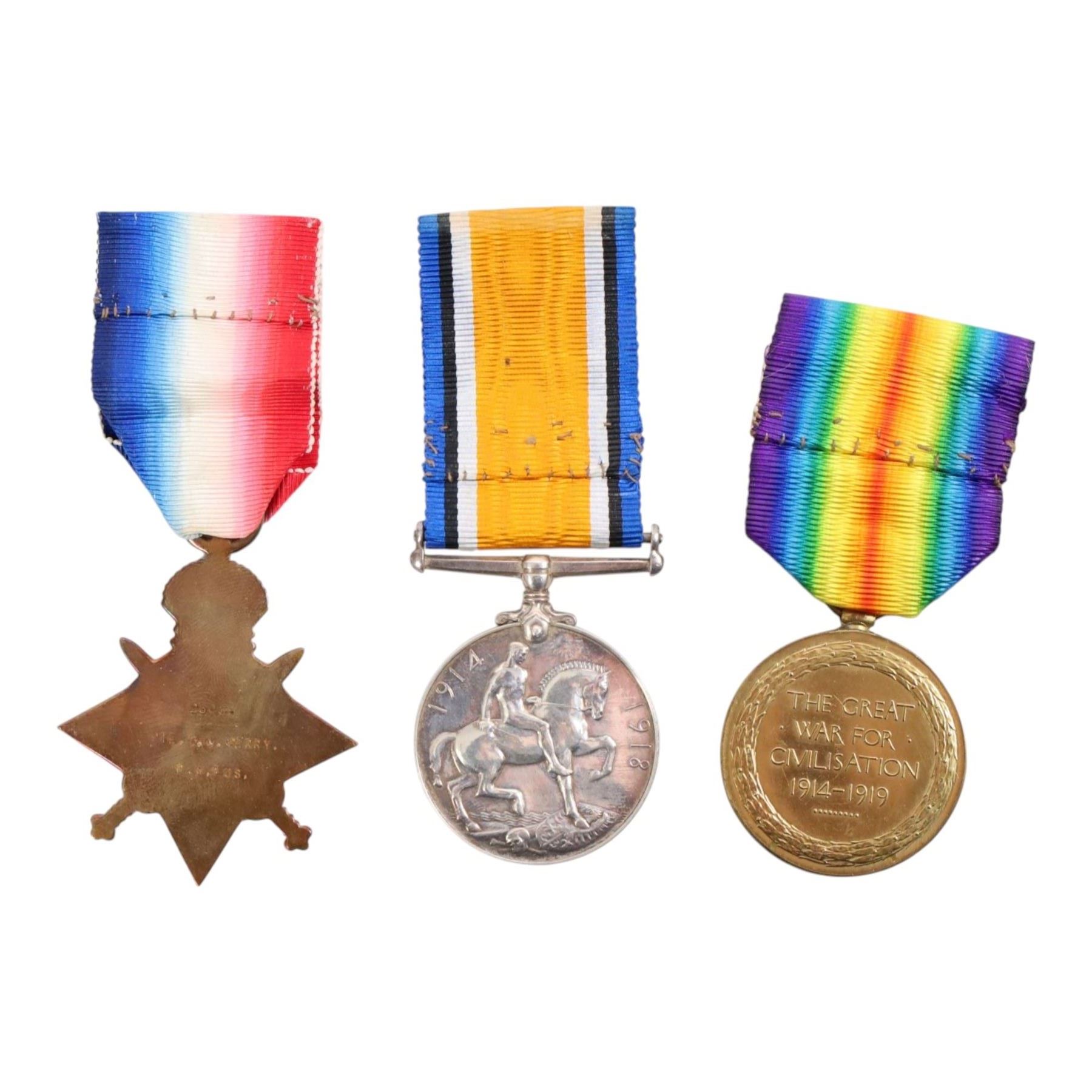 WWI medal set, comprising 1914-15 star, War and Victory medals, awarded to 23038 Pte BL Perry F.W Fus