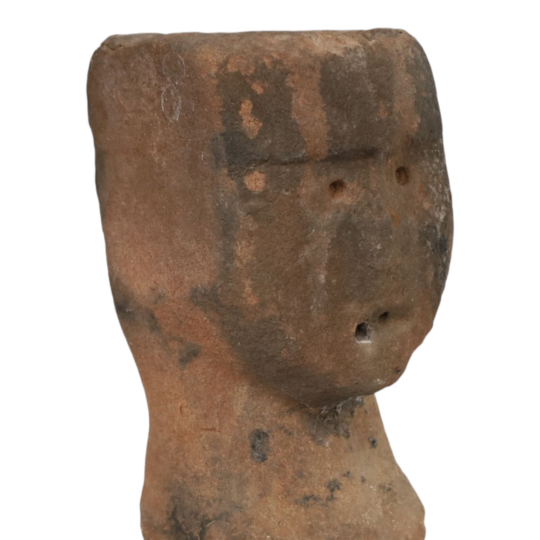 Sandstone carving, modelled as a stylised anthropomorphic head with simple facial features, H30cm