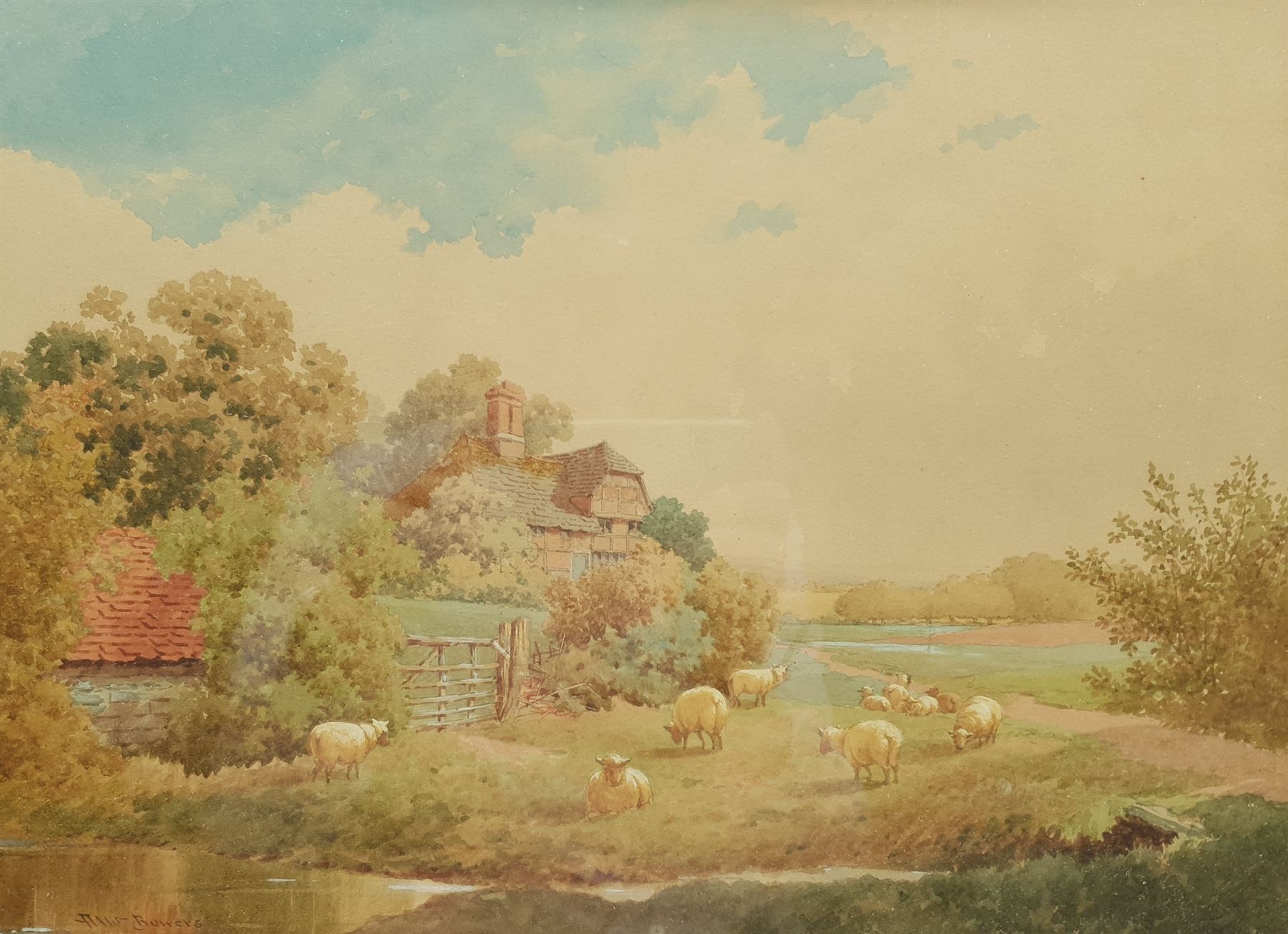 Albert Edward Bowers (British fl.1875-1893): Sheep Grazing by a Country House, watercolour signed 27cm x 37cm