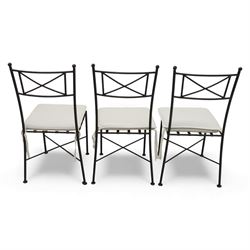 Modern metal and glass conservatory suite, comprising rectangular dining table with clear glass top and six matching metal framed chairs with upholstered seats, together with a matching glass topped coffee table
(Chairs H 92cm, W 42cm, Coffee table H 45cm, W 60cm)