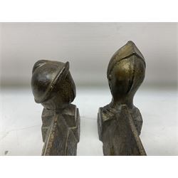 Pair of French 20th century fire dogs, depicting a knight and soldier, H15cm