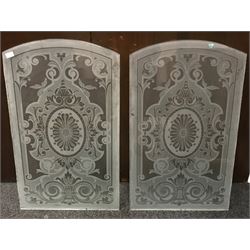 *Pair etched arched glass panels, decorated with central foliate cartouche and scrolled foliage, W55cm, H92cm, glass thickness - 7mm