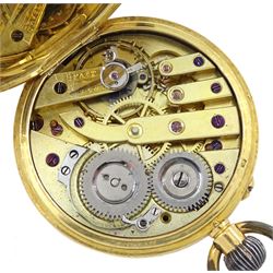 Early 20th century 18ct gold half hunter keyless lever fob watch, white enamel dial with Roman numerals, back case engraved with monogrammed initials, stamped 18K with Helvetia hallmarked