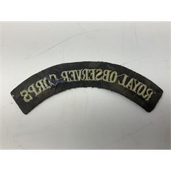 WW2 Royal Observer Corps - approximately one-hundred and seventy aircraft recognition cards; 1938 Instruction Booklet; cap badge and lapel badge; and cloth shoulder title