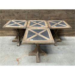 4 x Rustic square restaurant bistro table, parquetry top, X shaped base