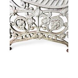 Pair of unusual Victorian revival heavy cast iron garden chair benches, ornate scrollwork detail with squirrels and nature, serpentine wood slatted seat and back - design by George Smith at the Sun Foundry, Glasgow