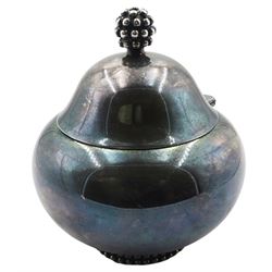 20th century American oxidised finish silver sugar bowl of bellied form, the hinged domed cover with beaded final, upon a short beaded foot, stamped beneath 925 Sterling, H10cm, approximate weight 5.93 ozt (184.5 grams)