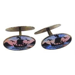 Pair of Norwegian silver-gilt guilloche enamel cufflinks, decorated with sailing boat to one side and moose to reverse, by David Andersen, stamped DA Sterling Norway 925S