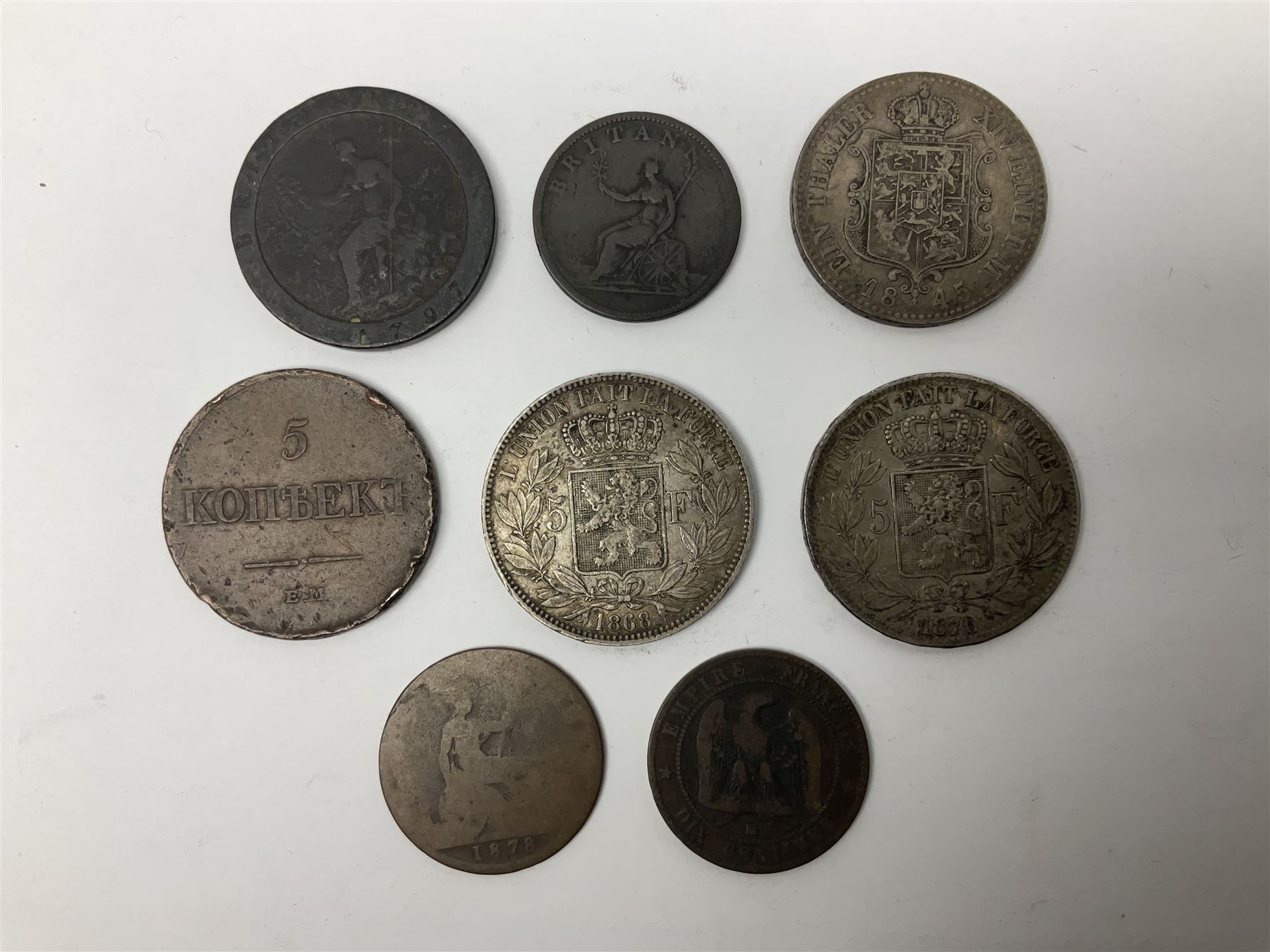 Two Belgium silver five franc coins dated 1868 and 1870, Kingdom of Hannover 1845 one thaler etc (8)