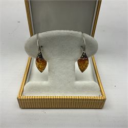 Pair of silver Baltic amber pendant earrings, stamped 925, boxed