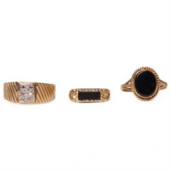 Three 9ct gold rings, including two onyx signet rings and a diamond chip signet, all hallmarked