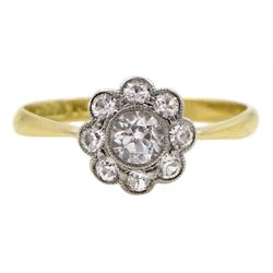 Early 20th century gold milgrain set white sapphire flower head cluster ring, stamped 18ct Plat