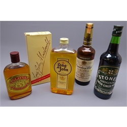  Hiram Walker & Sons Imported Canadian Club Whisky, no proof or contents given, Long John Finest Scotch Whisky, 1ltr 43%vol, lightweight bottle in carton, Glayva Scotch Liqueur 377cl 70 proof, and Stone's Green Ginger Wine, 70cl 13.5%vol, 4btls  