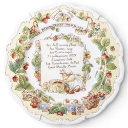 Eight Royal Doulton Brambly Hedge plates from the The Recipe Plate Collection, comprising 'Nettle Soup', 'Strawberry Shortcake', 'Mushroom Tart', 'Apple Pie', 'Elderflower Wine', 'Crystallized Violets', 'Blackberry Sorbet' and 'Honey & Nut Biscuits' (8)