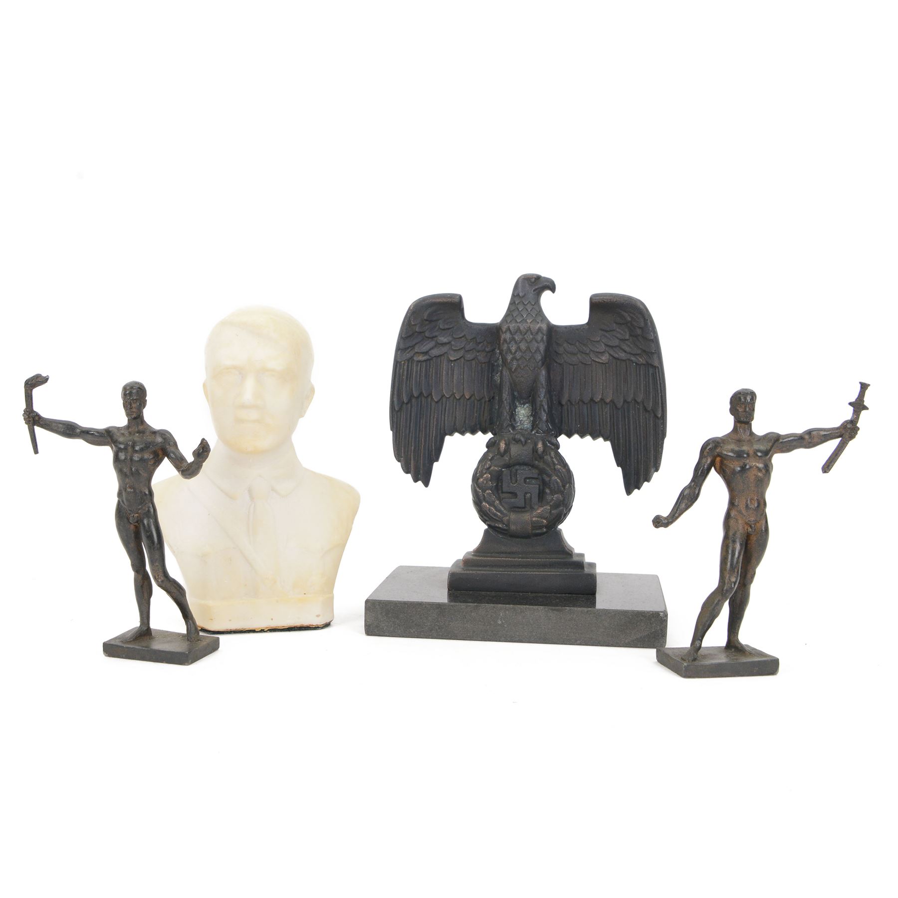 Composite cast bust of Hitler, together Third Reich Nazi German style desk stand depicting the national eagle and swastika on a black stone base, together with two other figures, bust H17cm 