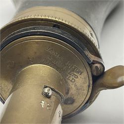 19th century James Dixon & Sons leather covered powder flask with patent action adjustable shot measure to dispense 2 1/4 - 3 drams; marked Parker Hale Ltd. Birmingham England L20cm