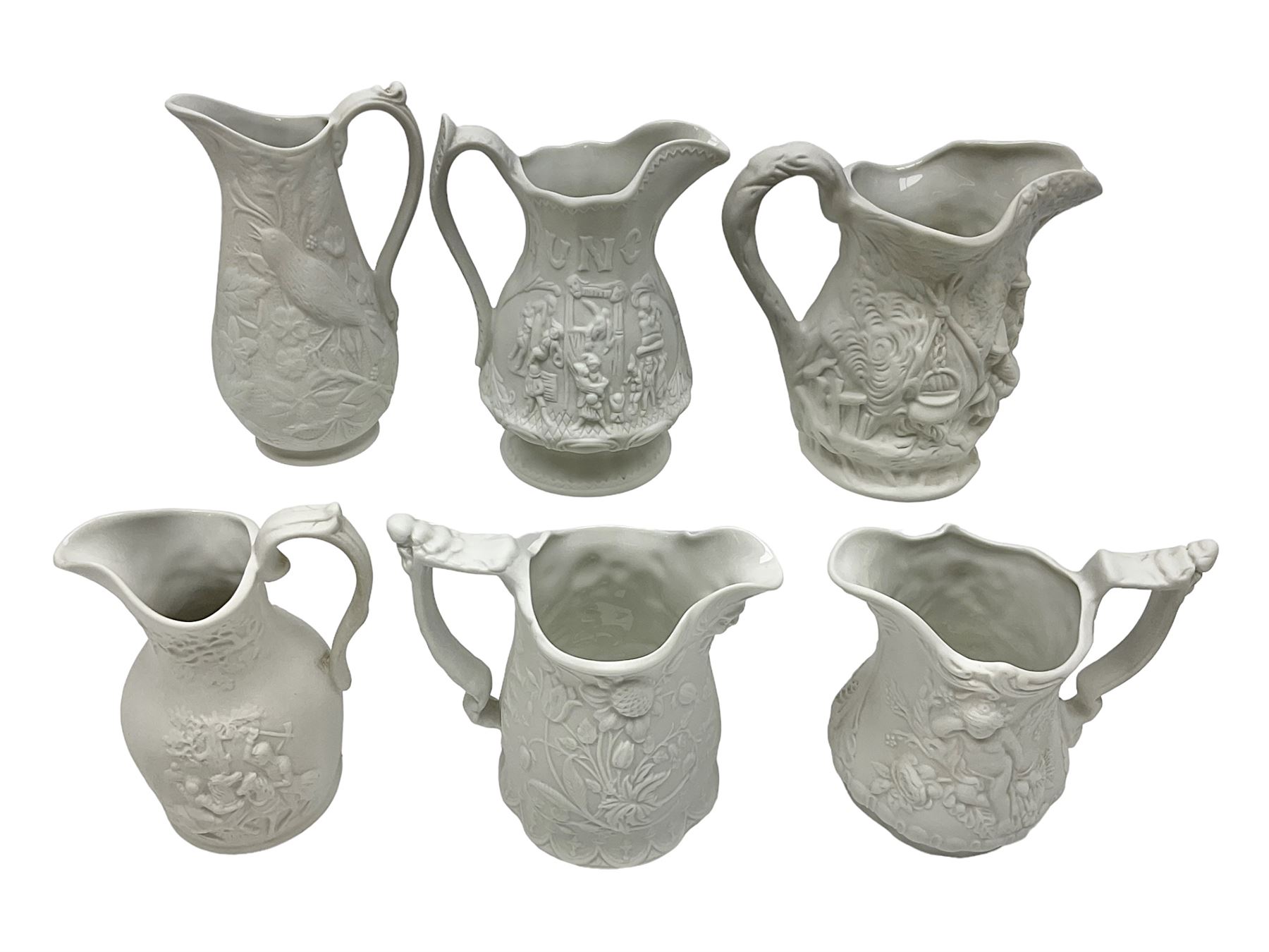  Six Portmeirion British Heritage Collection parian jugs, of various designs, H12cm