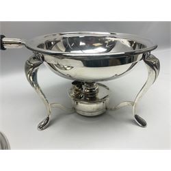 Walker & Hall silver plated long handled chafing dish, the lidded pan with ebonised turned handle and knop on open framework stand with three shell mounted cabriole legs and central double action burner, L44cm, together with a silver plated entrée dish and cover of rounded oblong form with ornate edges and removable handle, (2)