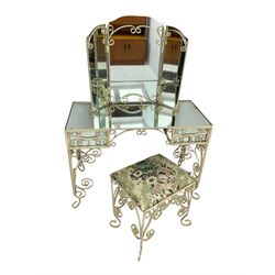 Cream painted scroll work wrought metal dressing table, fitted with two drawers and mirror top, together with matching triple mirror and stool