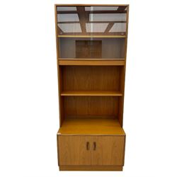 G-Plan teak two sectional modular wall display cabinet, fitted with sliding glass doors, double cupboard and three drawers