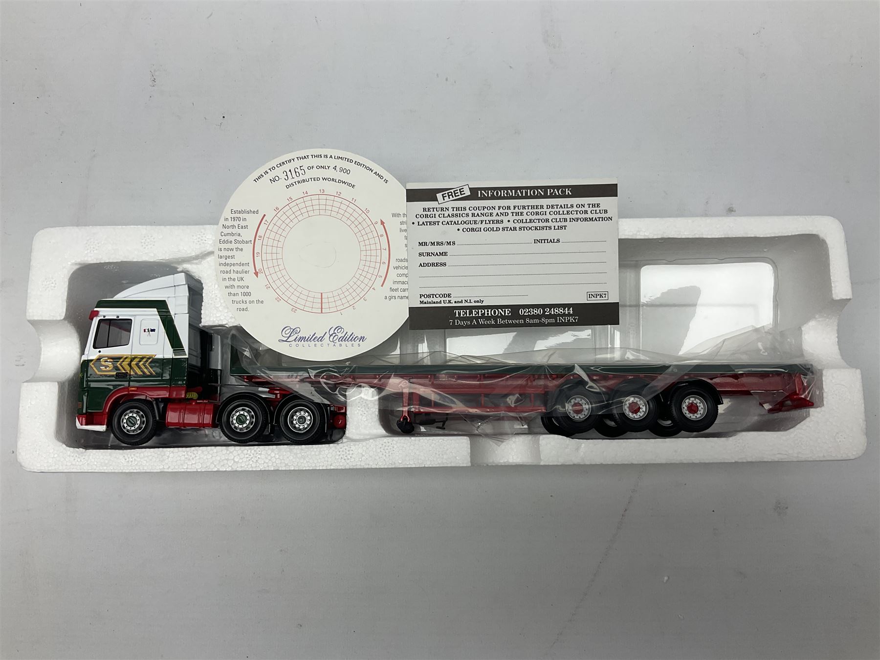 Corgi Eddie Stobart - three limited edition lorries; CC12901 Scania Topline Curtainside; CC13101 Volvo F88 Box Trailer; and CC13207 DAF XF Space Cab & Flatbed Trailer; all boxed (3)