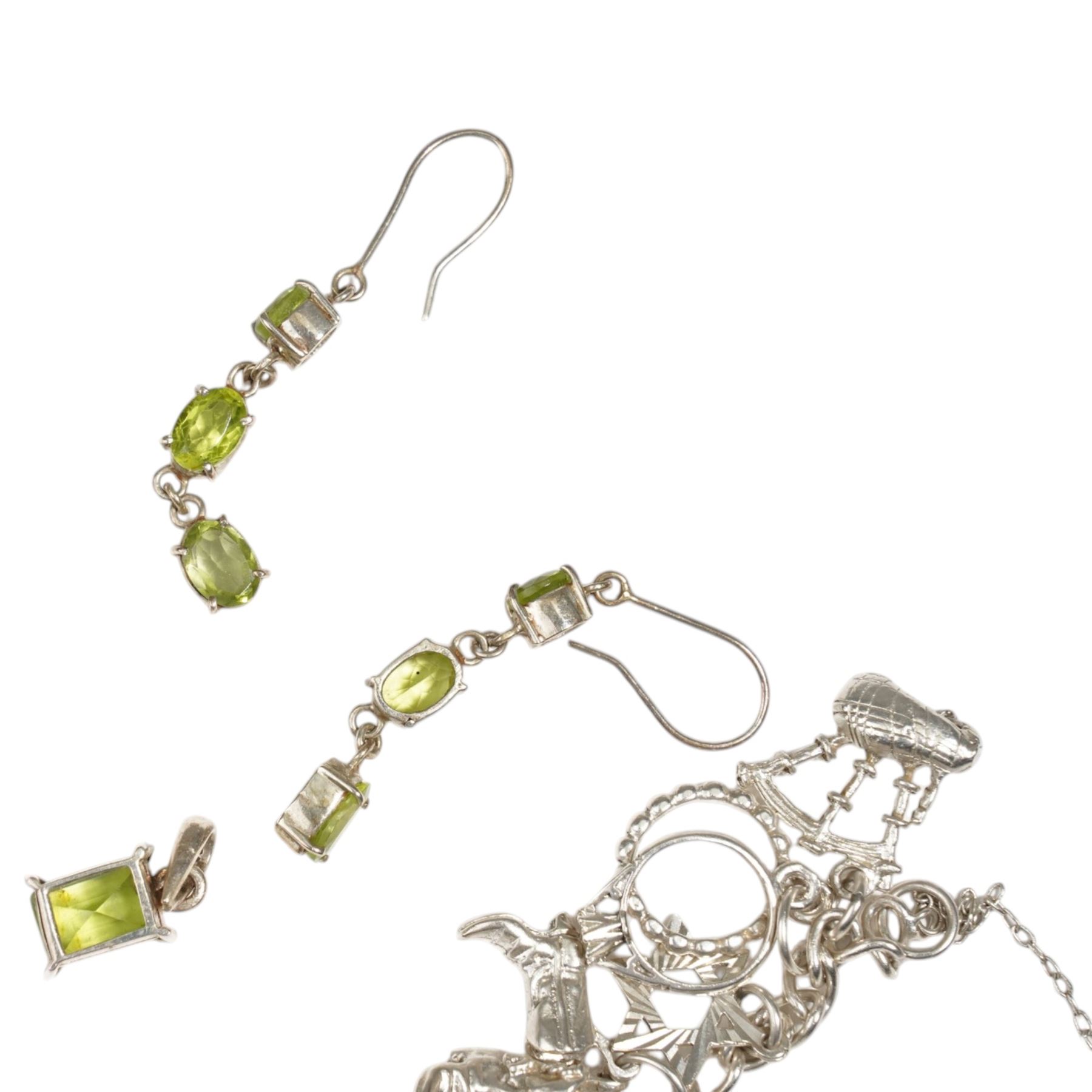 Silver jewellery including charm bracelet, bangle, stone set earrings and matching pendant and two heart pendants