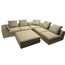 Contemporary corner sofa upholstered in grey fabric (310cm x 282cm); with matching rectangular footstool (110cm x 110cm)