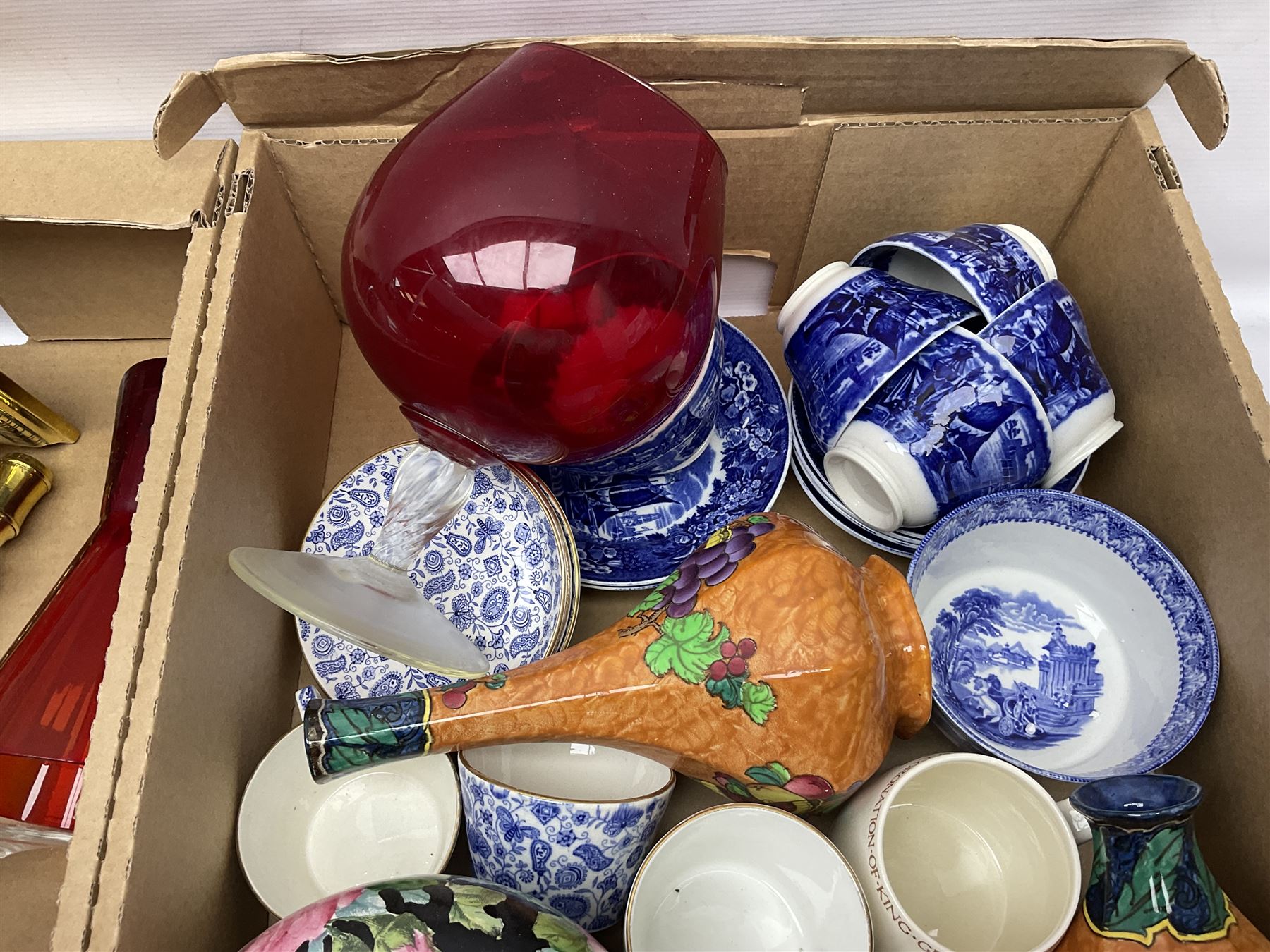 Newhall Boumier Ware vase, two Maling lustre bowlsmParagon George V commemorative cup, collection of ceramics and coloured and cut glassware, etc, in three boxes