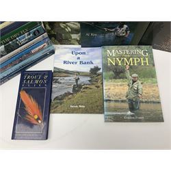 Collection of eighteen books on fly fishing including Child of Tides by Edward Fahy; Fishing For Wild Trout by Lesley Crawford; Still Water Fly-Fishing by T.C. Ivens; The Great Salmon Beats by Crawford Little etc