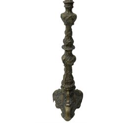 French Rococo revival cast metal standard lamp, undulated tapered stem decorated all over with foliage, c-scrolls and shell motifs, on a triangular base 