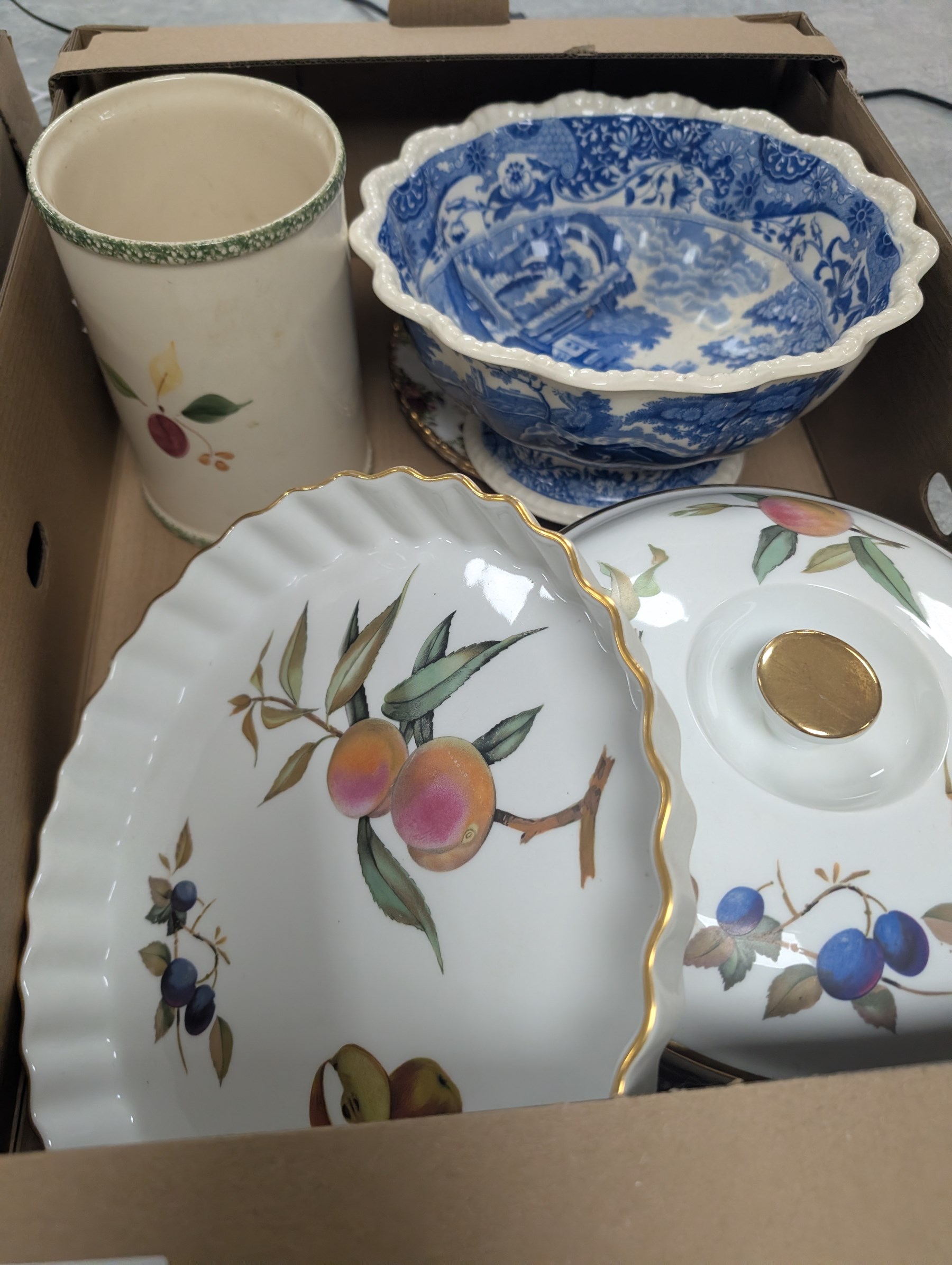 Copeland Spode Italian pattern footed bowl, Masons Chartreuse pattern ceramics, cut glass, Royal Worcester Evesham etc, in four boxes
