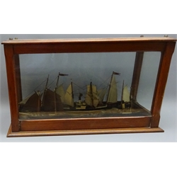  Victorian diorama of three sailing, one steam/sail and one steam boat in a choppy sea, in glazed mahogany case, L63cm, H36cm, D26cm: Provenance, Clarke fishing family, Runswick Bay  