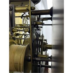 Samuel Ritchie of Forfar - William IV 8-day Scottish longcase clock in a mahogany case, with a swans neck pediment, brass paterae and three ball and spire brass finials, case and trunk inlaid with satinwood stringing on a plinth raised on decorative bracket feet, painted break arch dial depicting a costal scene to the break arch and conch seashells to the spandrels, Roman numerals, subsidiary seconds and date dials with matching steel hands, with a rack striking movement striking the hours on a bell. With weights, key, and pendulum.  Samuel Ritchie is recorded as working in Forfar 1800-37.