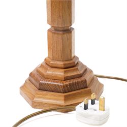 Near pair of Yorkshire oak table lamps of panel sided design on stepped hexagonal bases, taller 31.5cm excluding fitting