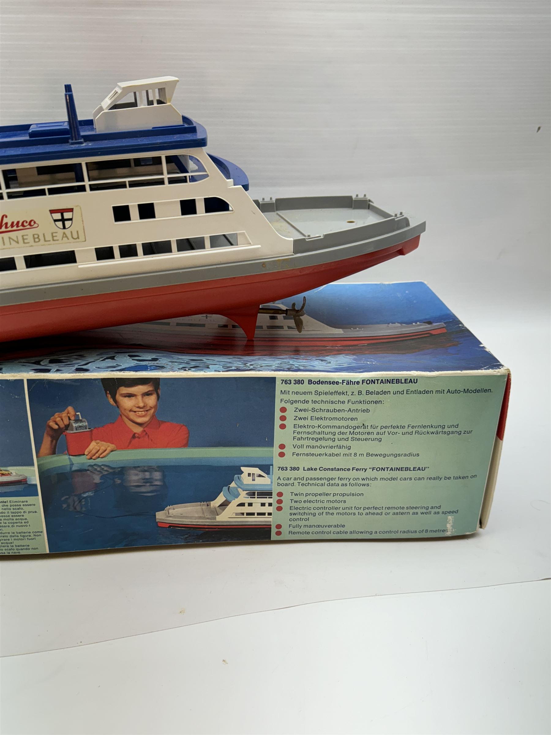 Schuco battery operated remote control model of a boat, Bondensee Fahre (Lake Constance Ferry) 'Fontainbleau', model no 763 380, boxed