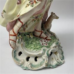 18th century Derby figure of Diana the huntress, circa 1760, modelled reaching for an arrow from quiver across her back, with recumbent hound at her feet, upon a scrolled base with bocage detail, H27.5cm