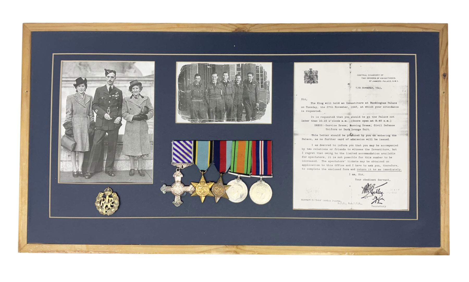 Warrant Officer Gordon Pearce D.F.C. R.A.F.V.R. - display of five medals comprising copy Distinguished Flying Cross, copy Air Crew Europe Star, 1939-45 Star, 1939-45 War Medal and Defence Medal; framed with RAF cap badge, two copy photographs in uniform and copy of investiture letter; mounted and glazed in pine frame 34 x 66cm