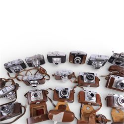 Collection of rangefinder cameras, including Aka Rette, Agfa Silette, Iloca Rapid, Koroll 24, Ilford Sportsman, Exa 500, Luxette, Frankarette, Agfa Optima I, Halina Pet,  Voigtlander Vitomatic II