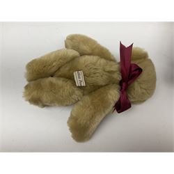 Group of five teddy bears comprising ‘George’ a unique pellet filled bear with glass eyes and velvet paws H38cm, and ‘Abbey’ a luxury German plush with wobble head and glass eyes no.5/10 H24cm, both with Teddies from Bearyland labels; along with two light blonde mohair H. M. Bears and Boyds Bears ‘T. F. Wuzzies’ no. 595140 (5)