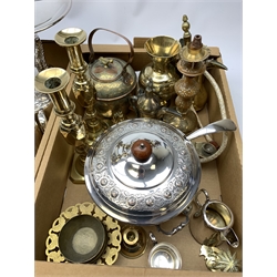 A group of silver plate, brass and other metal ware, to include a foliate chased tureen and cover, pedestal dish, swing handled basket, teapots, sucrier, pair of bud vases, two planters detailed with hard stone cabochons, pair of candlesticks, Eastern coffee pots, circular tray, etc. 