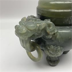 Two piece Chinese censer, sculptured hardstone, with ring and dragon-head handles and foo dog finial , H21cm