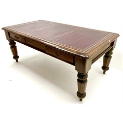 Victorian oak library table, moulded sides, inset maroon leather top, two frieze drawers, four heavy turned and tapering octagonal supports